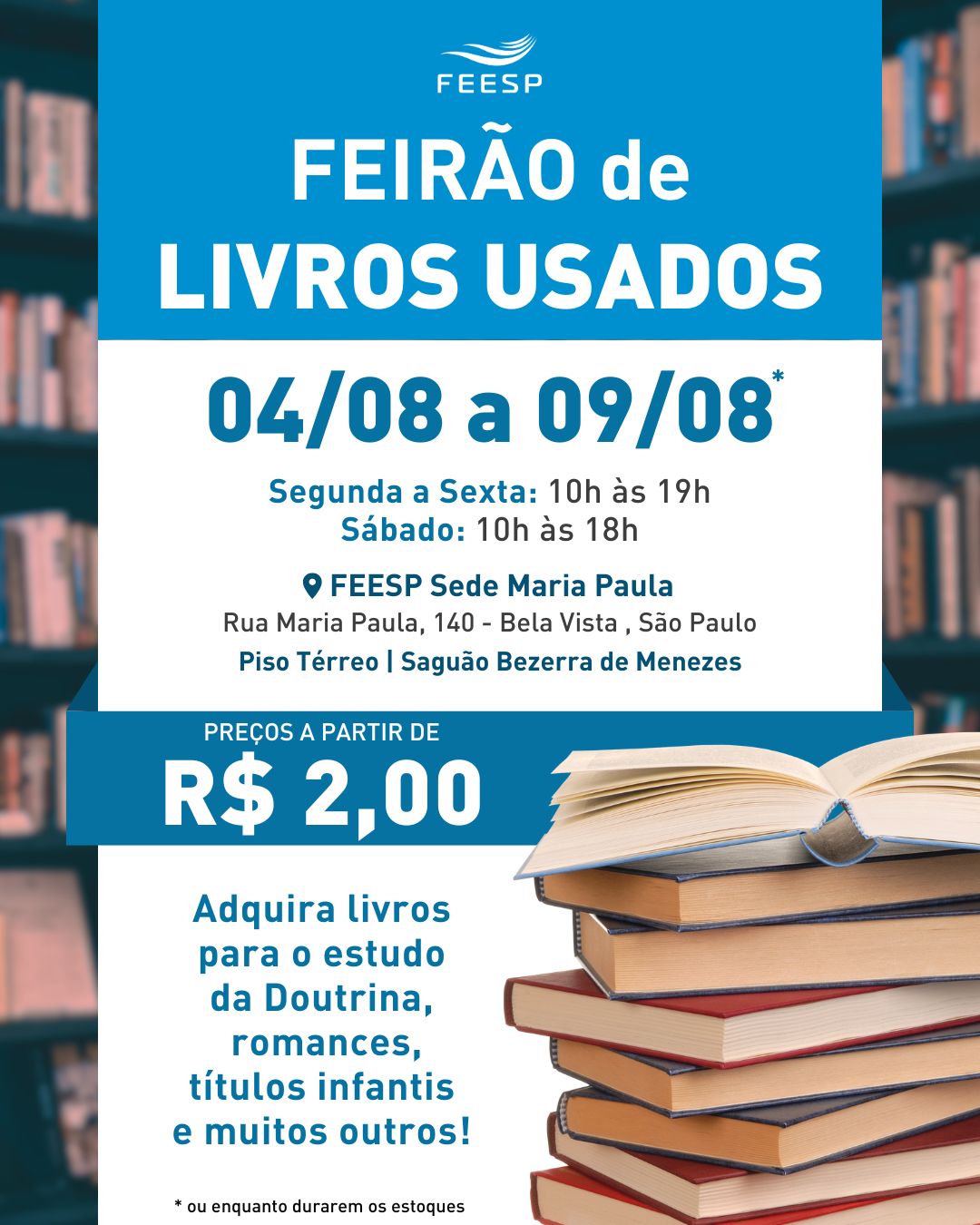 Feirao livros usados eventos - Congregação Espírita Maria Benta
