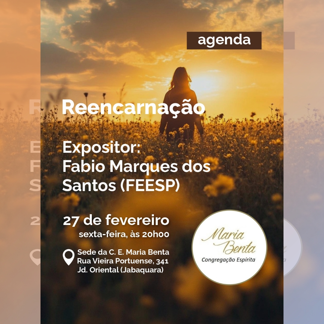 Convite para a palestra de 27/02/2026 sobre o tema Reencarnação com o expositor Fabio Marques dos Santos