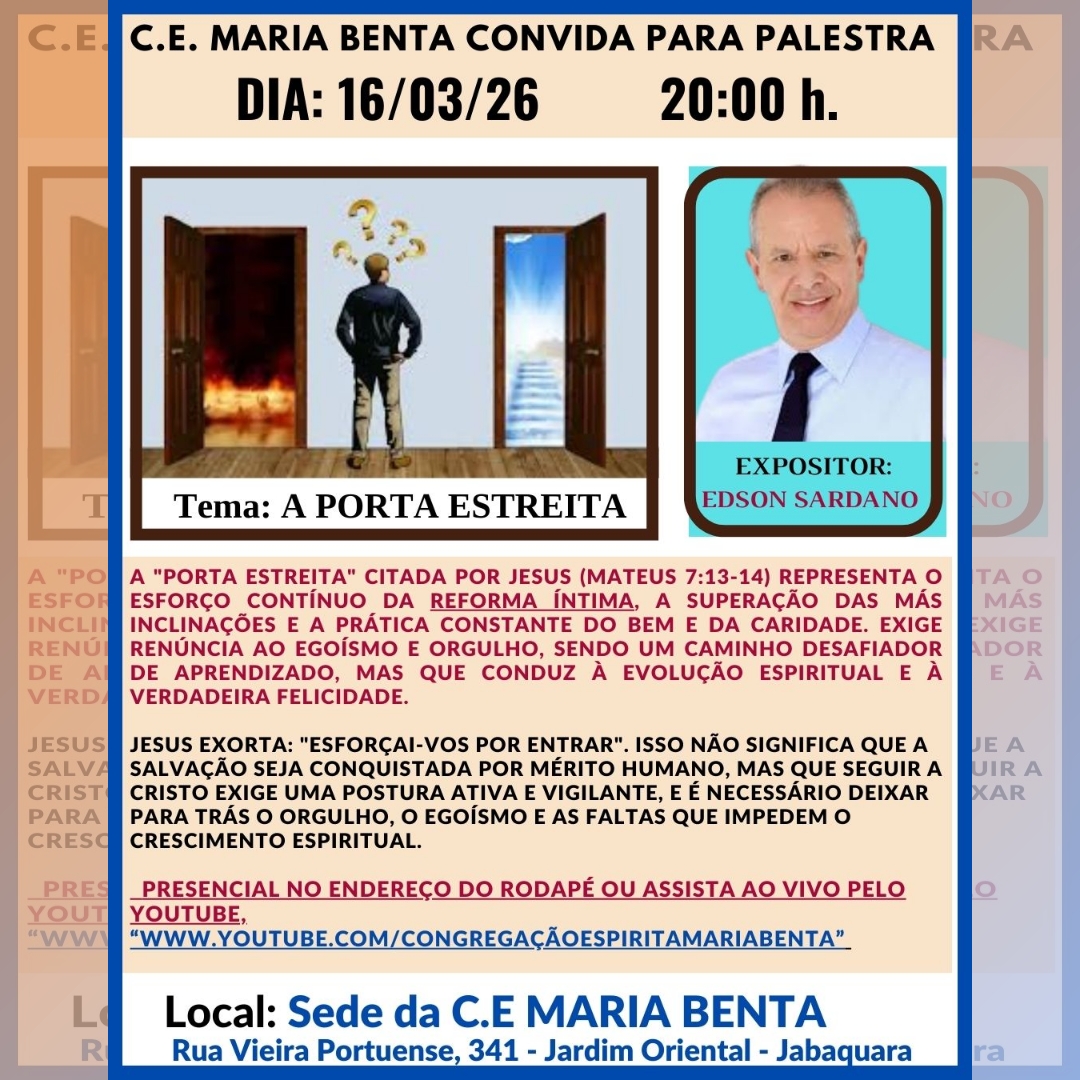 Convite para a palestra de Edson Sardano de 16/03/2026 A porta estreita na Maria Benta