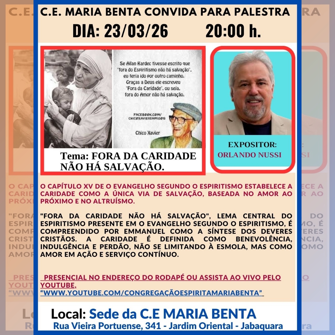 Convite para a palestra de 23/03;2026 de Orlando Nussi sobre o tema Fora da caridade não há salvação