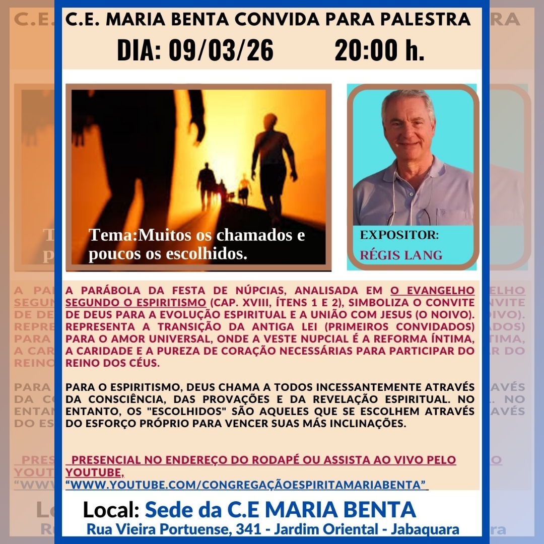 Convite para a palestra Muitos os chamados e poucos os escolhidos com o expositor Regis Lang em 09/03/2026