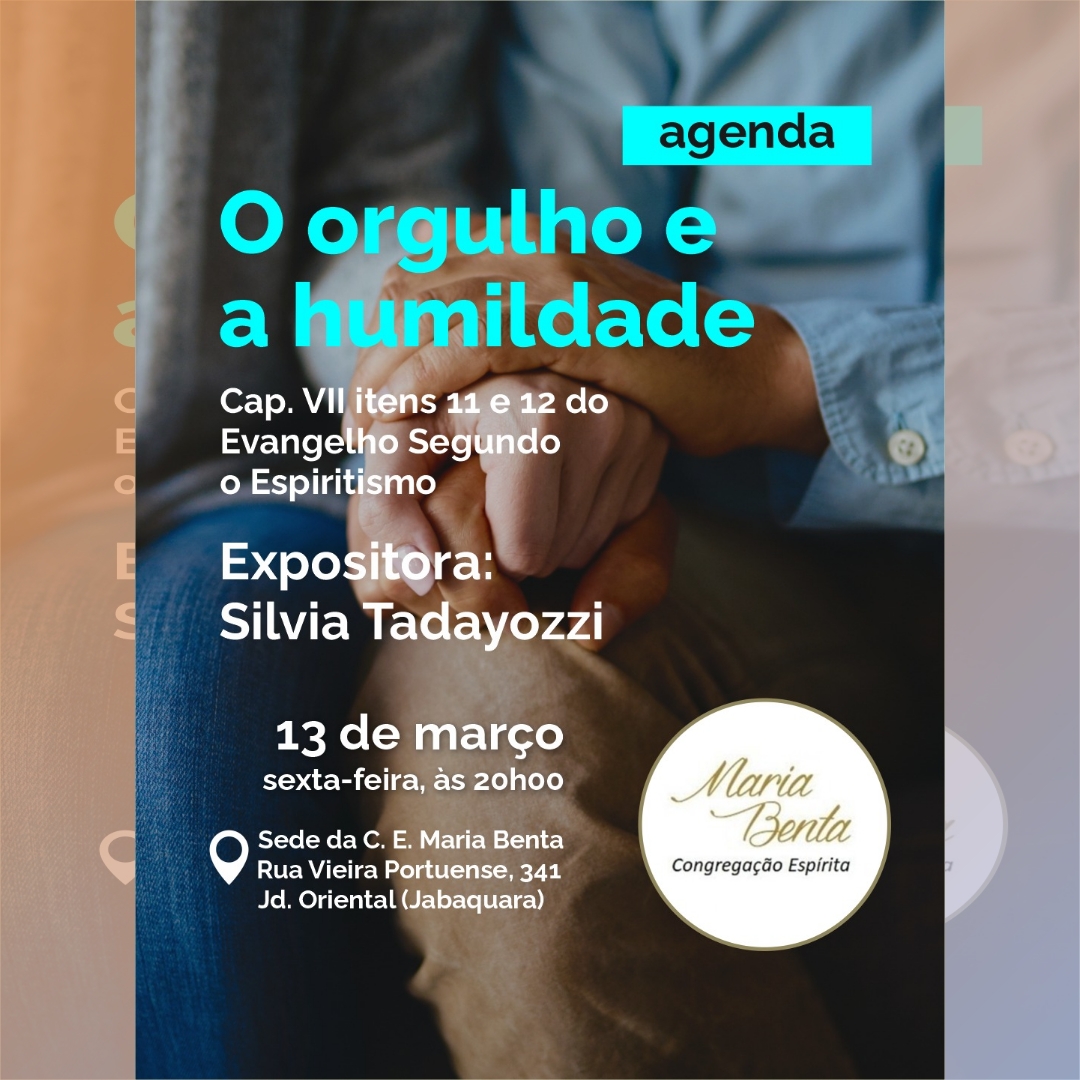 convite para a palestra de Silvia Tadayozzi sobre o orgulho e a humildade em 13/03/2026