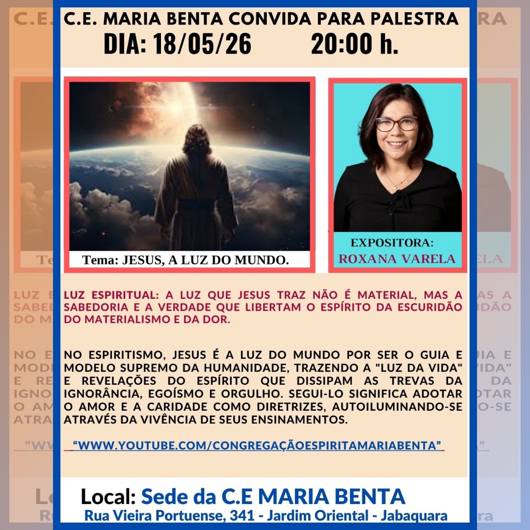 convite para a palestra de roxana varela de 18/05/2026 tema jesus a luz do mundo