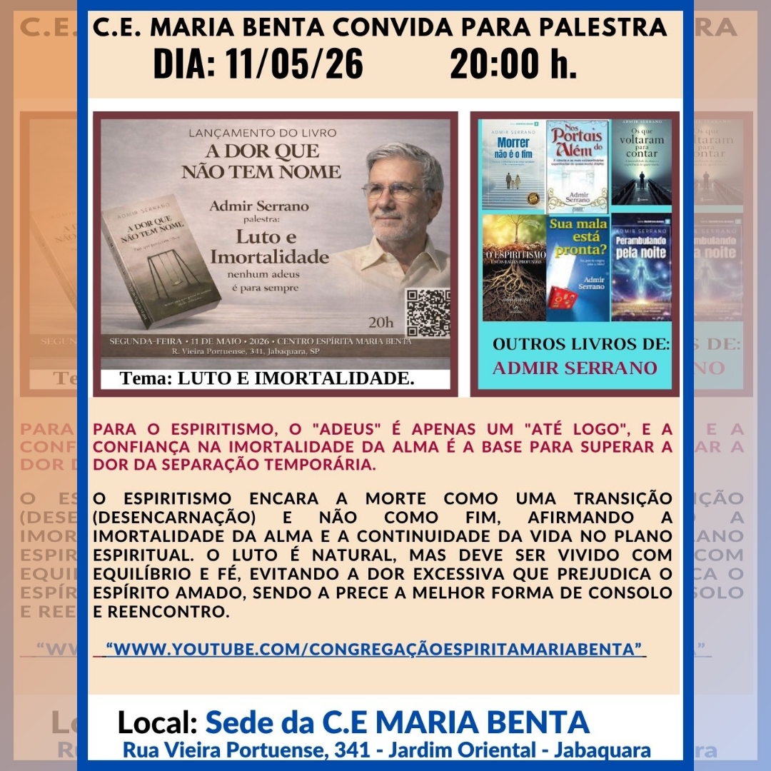 convite para a palestra de admir serrano de 11/05/2026 tema luto e imortalidade