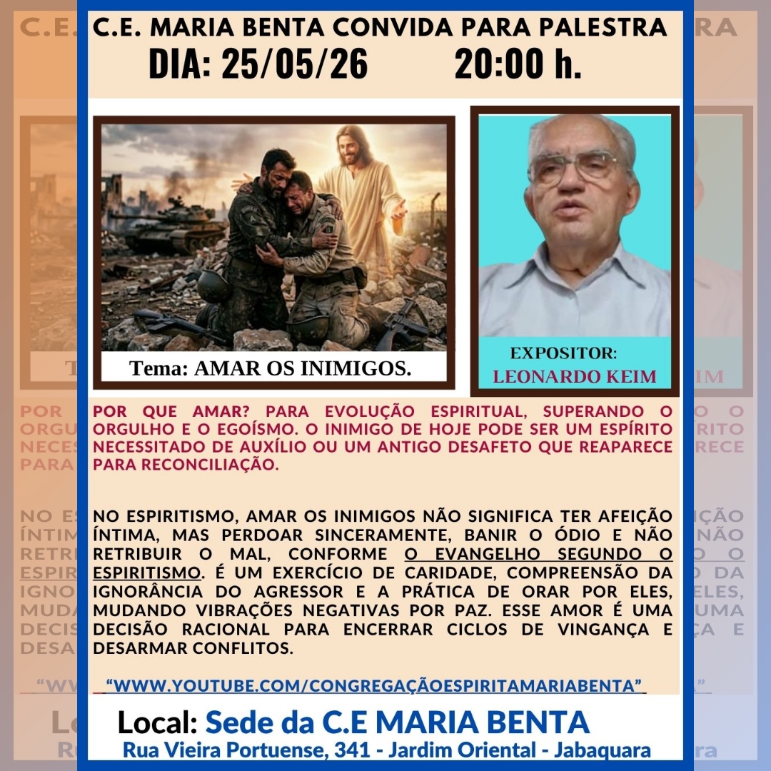 convite para a palestra de Leonardo Keim de 25/05/2026 tema Amar os inimigos