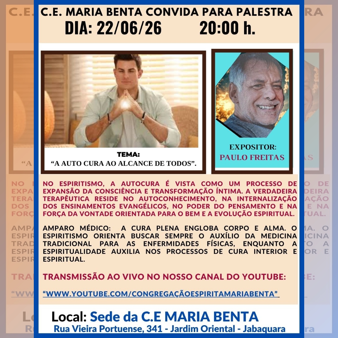 convite para a palestra de Paulo Freitas de 22/06/2026 tema A Auto cura ao alcance de todos