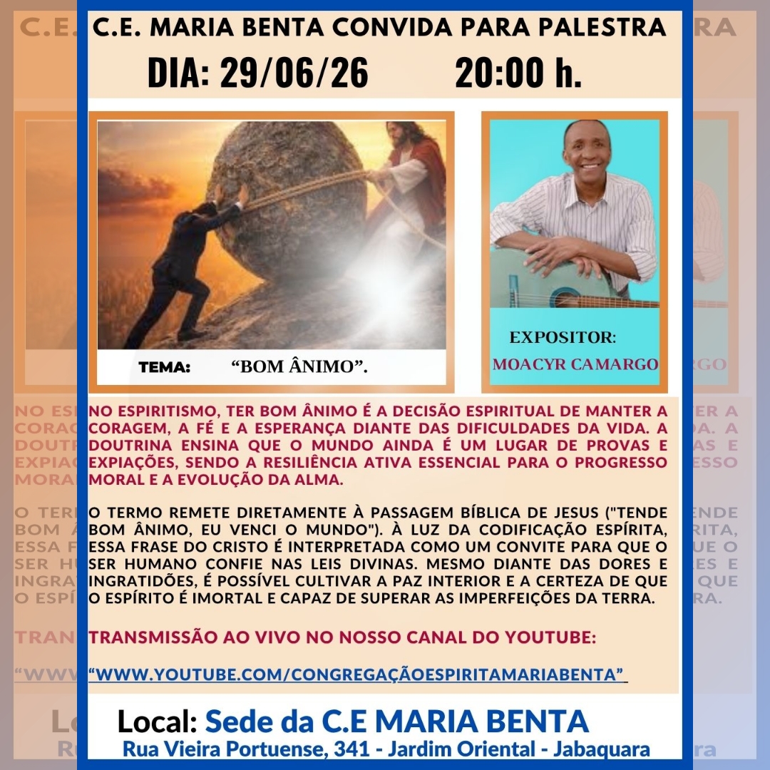 convite para a palestra de Moacyr Camargo de 29/06/2026 tema Bom Ânimo